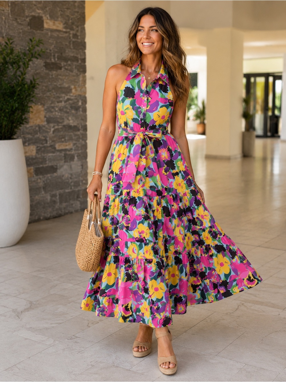 Kate Spade New York Orchid Bloom Halter Maxi Dress dopamine old money size xxl
